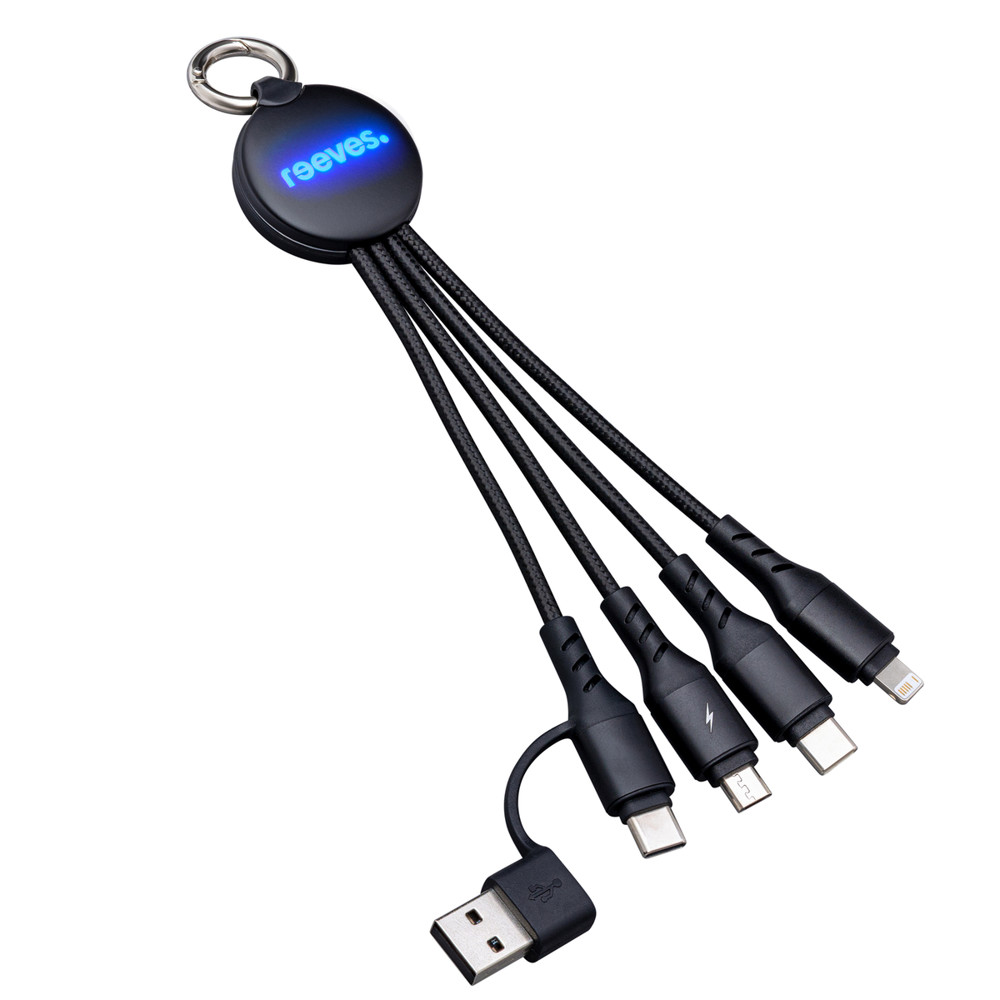 6-in-1 Ladekabel mit Beleuchtung REEVES-PUHALANI II - blau, schwarz / schwarz / blau