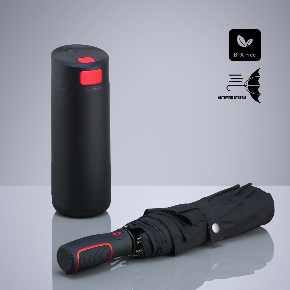 Dynamic Set: Kaffeebecher 450 ml und Automatikschirm - rot