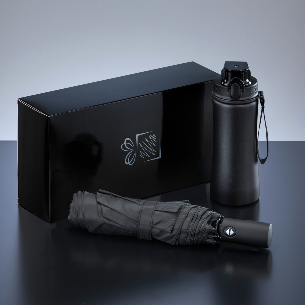 Primo Everyday Set: Wasserflasche 550 ml & vollautomatischer Harvard-Schirm - schwarz