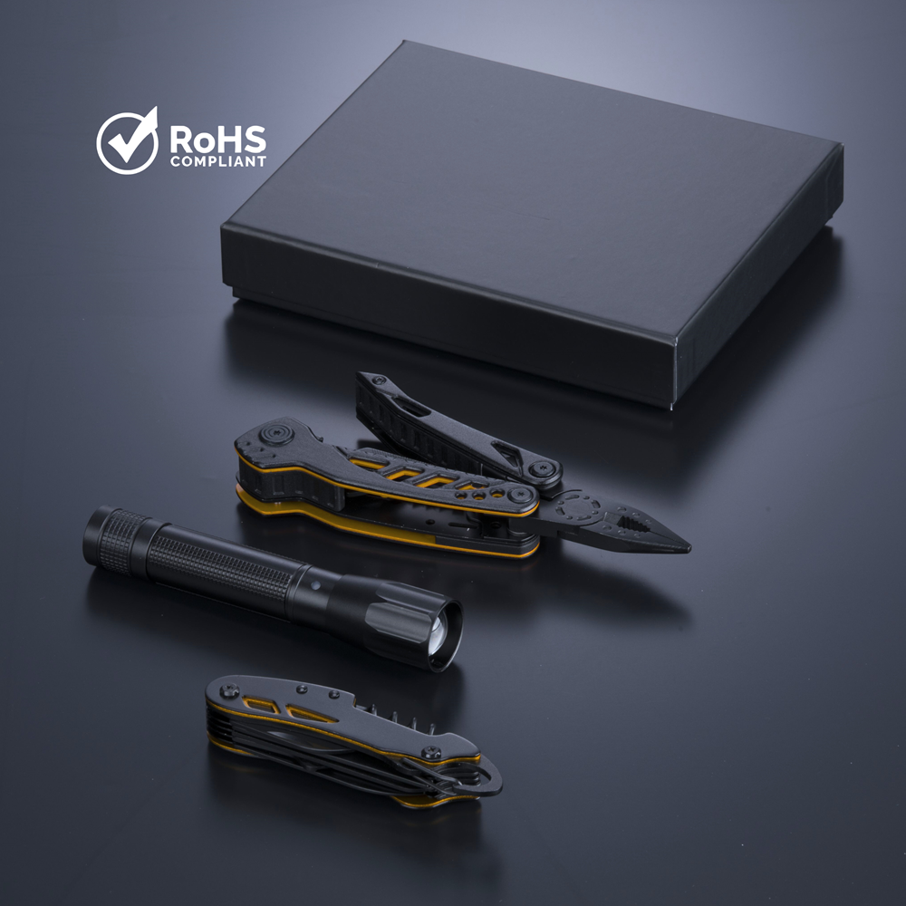 Optima Set II: Multitool, Taschenmesser und mittelgroße Taschenlampe - Gelb