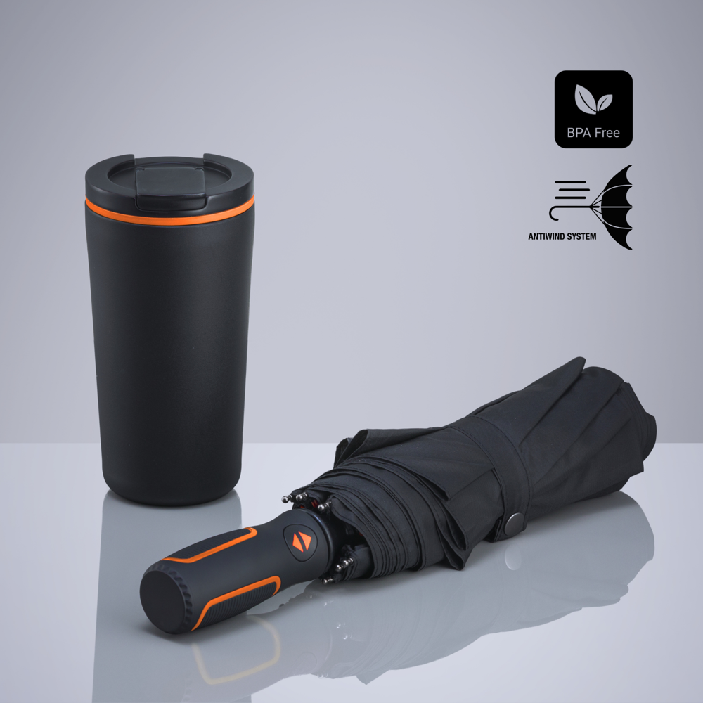 Travel Set: Thermobecher 370 ml & Automatikschirm - orange