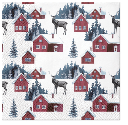 Große Tissue-Servietten "Winterlandschaft" weiß/rot/grün