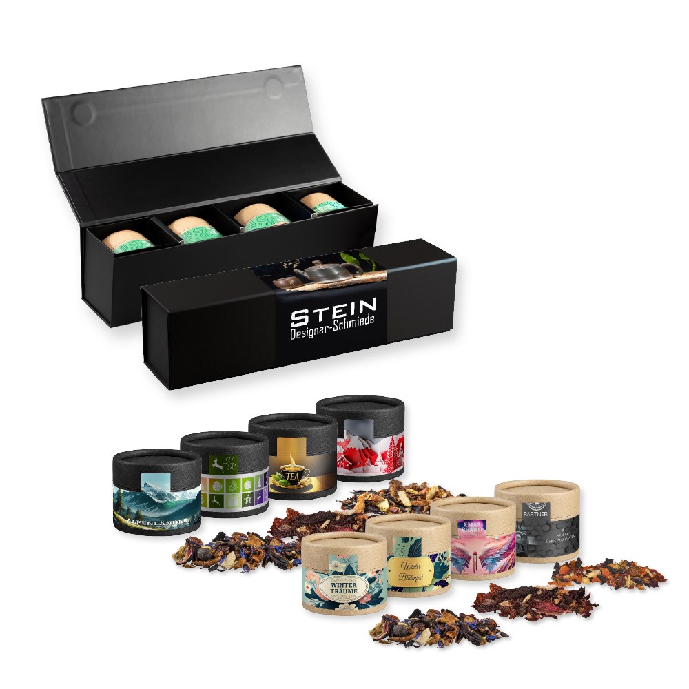 Verschiedene Weihnachts Teesorten, , ca. 80-120g, Geschenk-Set Premium schwarz mit Magnetverschluss und 4 Kraftpapierdosen Mini
