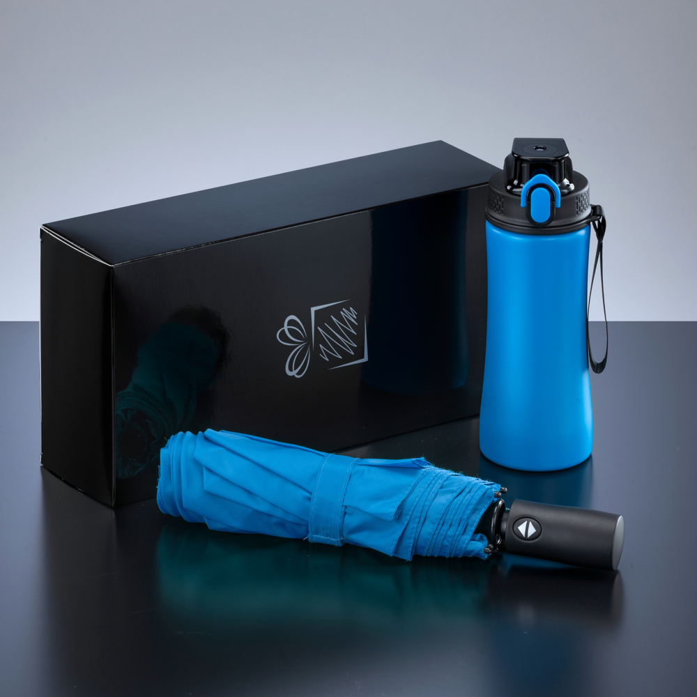 Primo Everyday Set: Wasserflasche 550 ml & vollautomatischer Harvard-Schirm - Blau