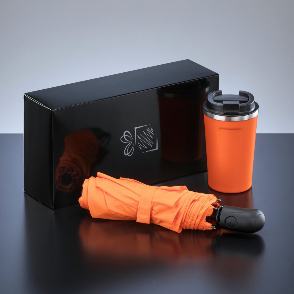 Traveller Set: Nordic-Thermobecher 350 ml & vollautomatischer Schirm - orange