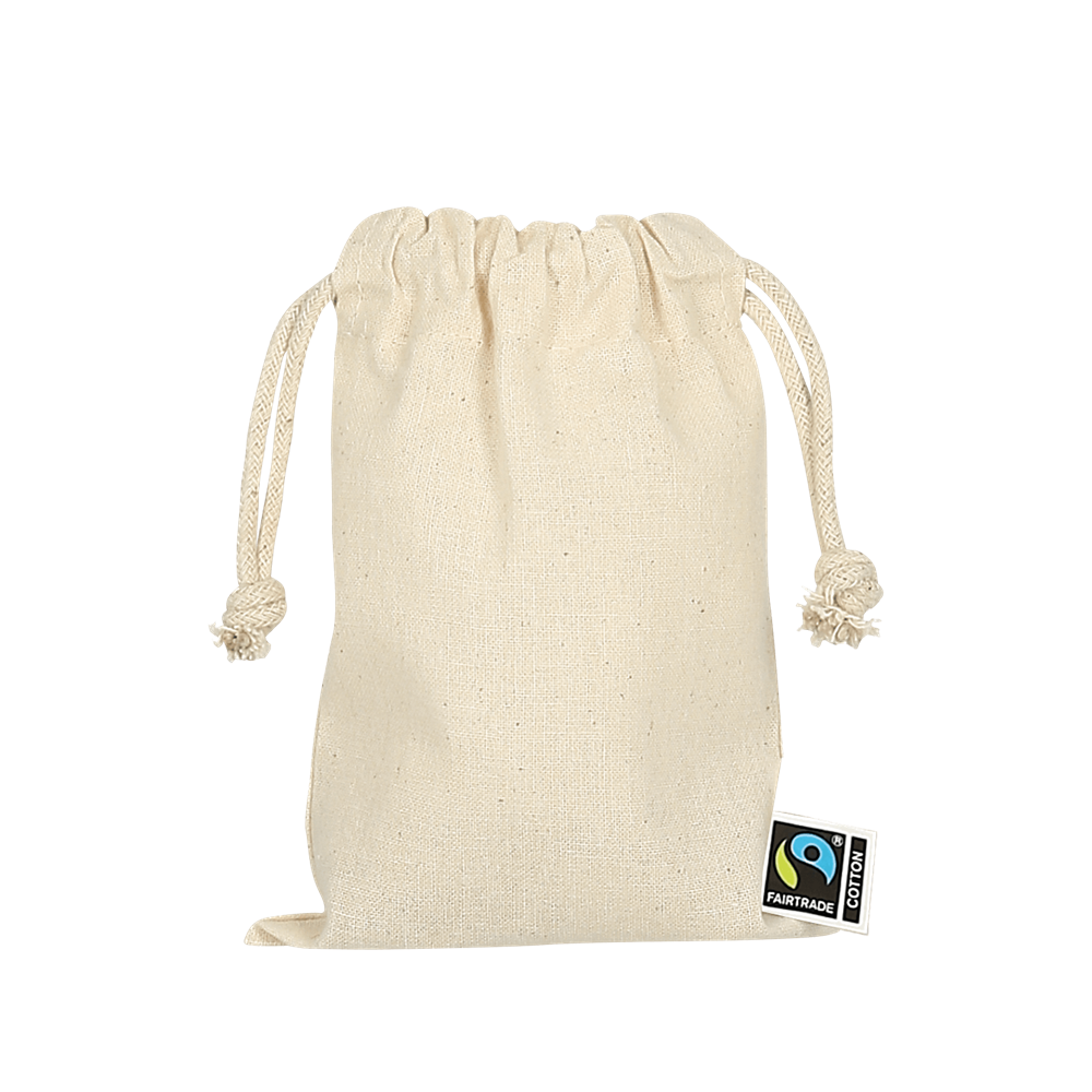 Zuziehbeutel aus Fairtrade-zertifizierter Baumwolle, 10 x 14 cm, ca. 140 g/m²